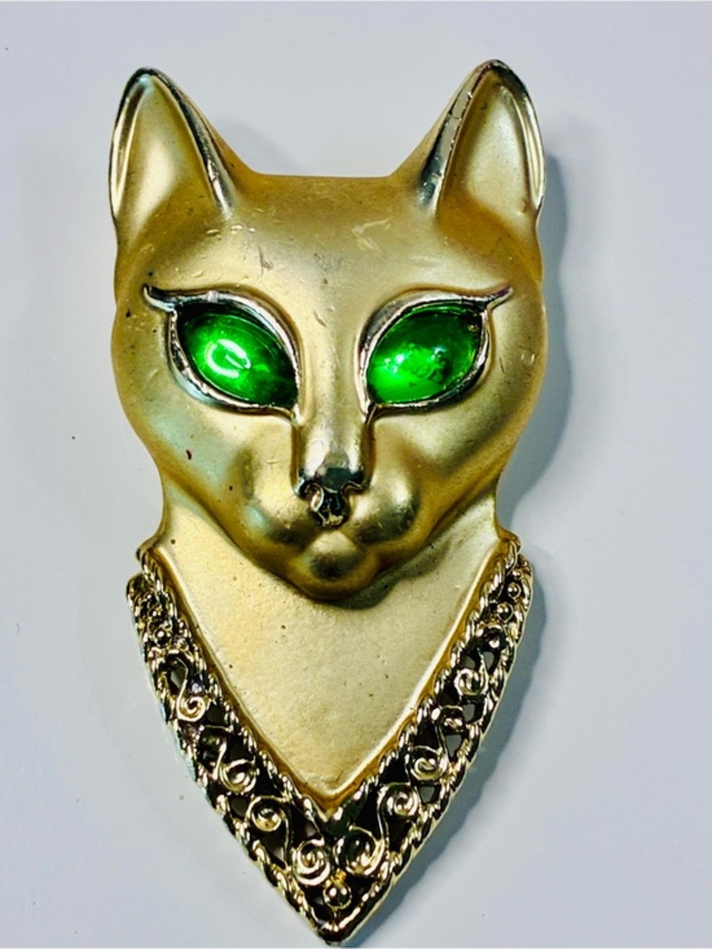 Egyptian Gold-Tone Cat Brooch with Green Eyes